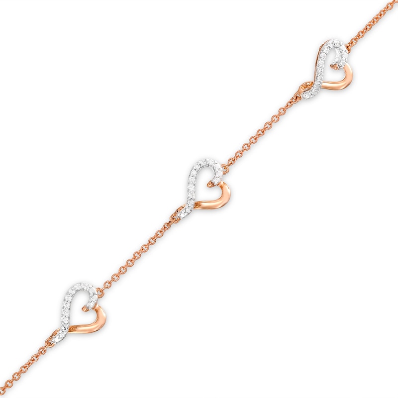Main Image 1 of Diamond Heart Station Bracelet 1/15 ct tw Round-cut 10K Rose Gold 7.5"