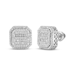 Men's Diamond Octagon Earrings 1/2 ct tw Round & Baguette-cut 10K White Gold
