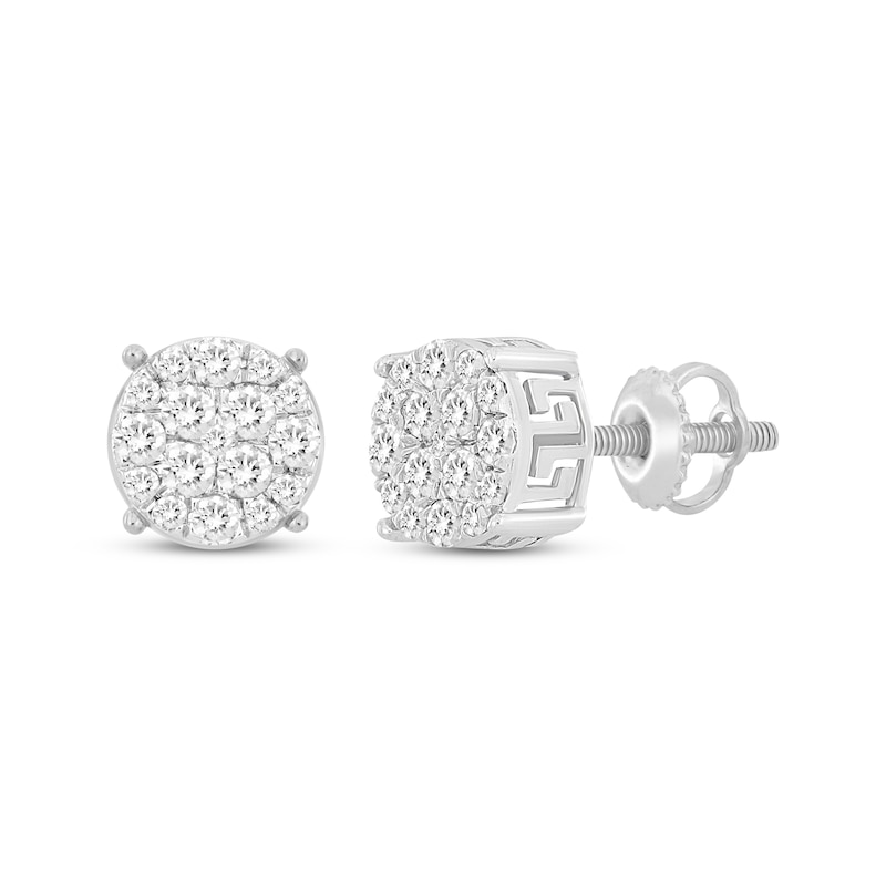 Men's Multi-Diamond Circle Stud Greek Key Earrings 1/2 ct tw 10K White Gold