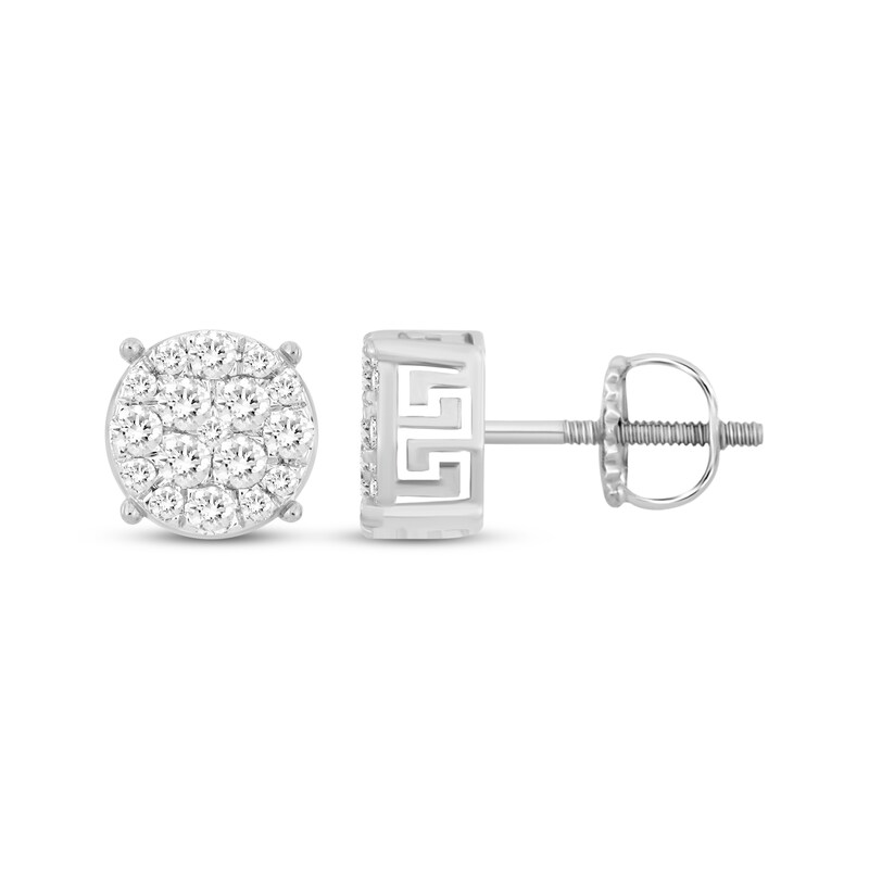 Men's Multi-Diamond Circle Stud Greek Key Earrings 1/2 ct tw 10K White Gold