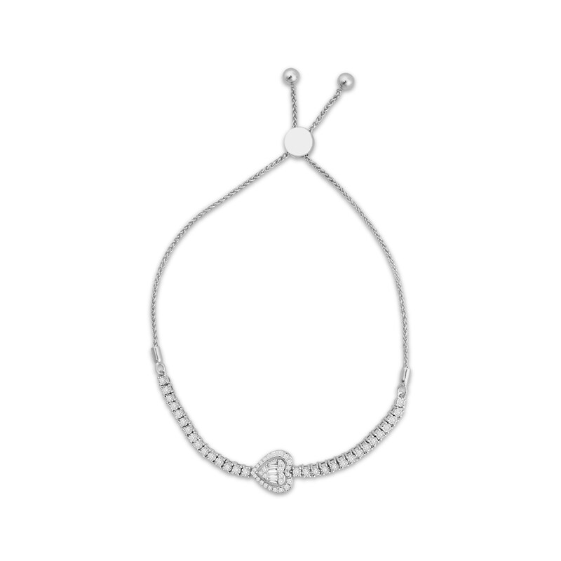 Main Image 1 of Baguette & Round-Cut Diamond Heart Bolo Bracelet 1/2 ct tw 10K White Gold