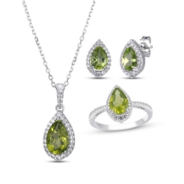Pear-Shaped Peridot & Round-Cut White Lab-Created Sapphire Stud Earrings, Necklace & Ring Gift Set Sterling Silver 18&quot;
