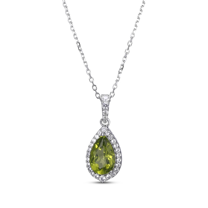 Pear-Shaped Peridot & Round-Cut White Lab-Created Sapphire Stud Earrings, Necklace & Ring Gift Set Sterling Silver 18" - Size 7