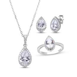 Pear-Shaped & Round-Cut White Lab-Created Sapphire Stud Earrings, Necklace & Ring Gift Set Sterling Silver 18&quot;