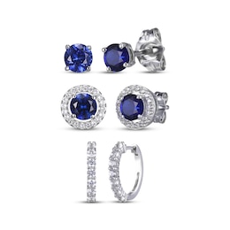 Round-Cut Blue & White Lab-Created Sapphire Stud & Hoop Earrings Gift Set Sterling Silver