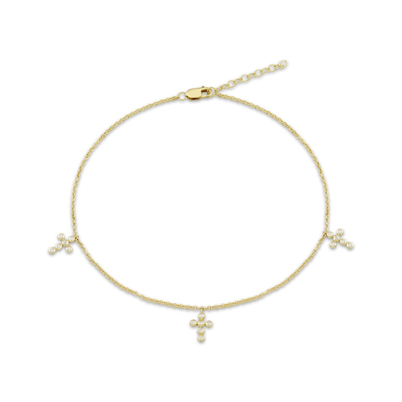 Round-Cut Diamond Cross Drop Anklet 1/10 ct tw 10K Yellow Gold 10"