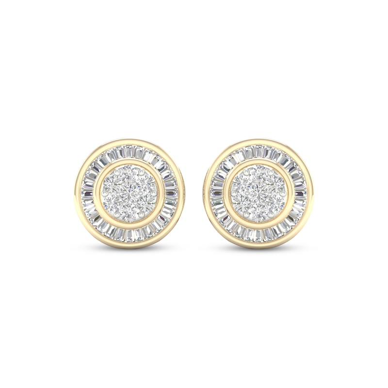 Main Image 2 of Men's Baguette & Round-Cut Circle Stud Earrings 1/2 ct tw 10K Yellow Gold