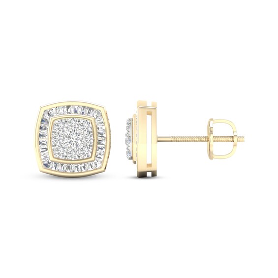 Men's Baguette & Round-Cut Diamond Cushion Stud Earrings 1/4 ct tw 10K Yellow Gold