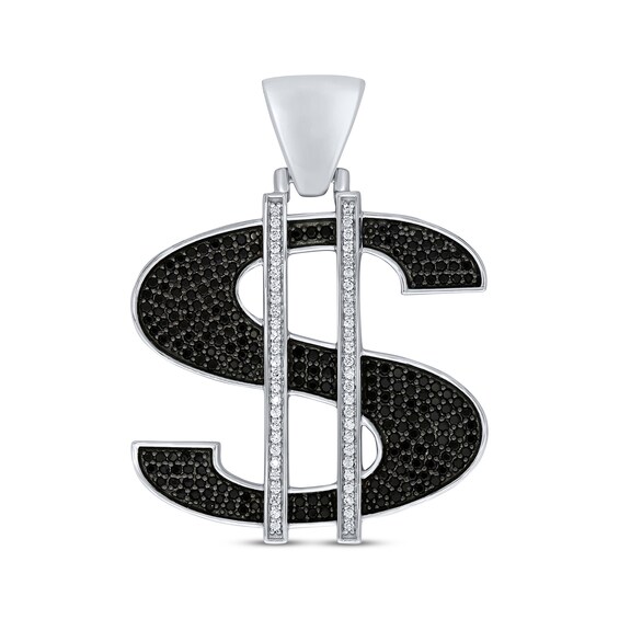 Men's Black & White Diamond Dollar Sign Charm 1-1/2 ct tw Sterling Silver