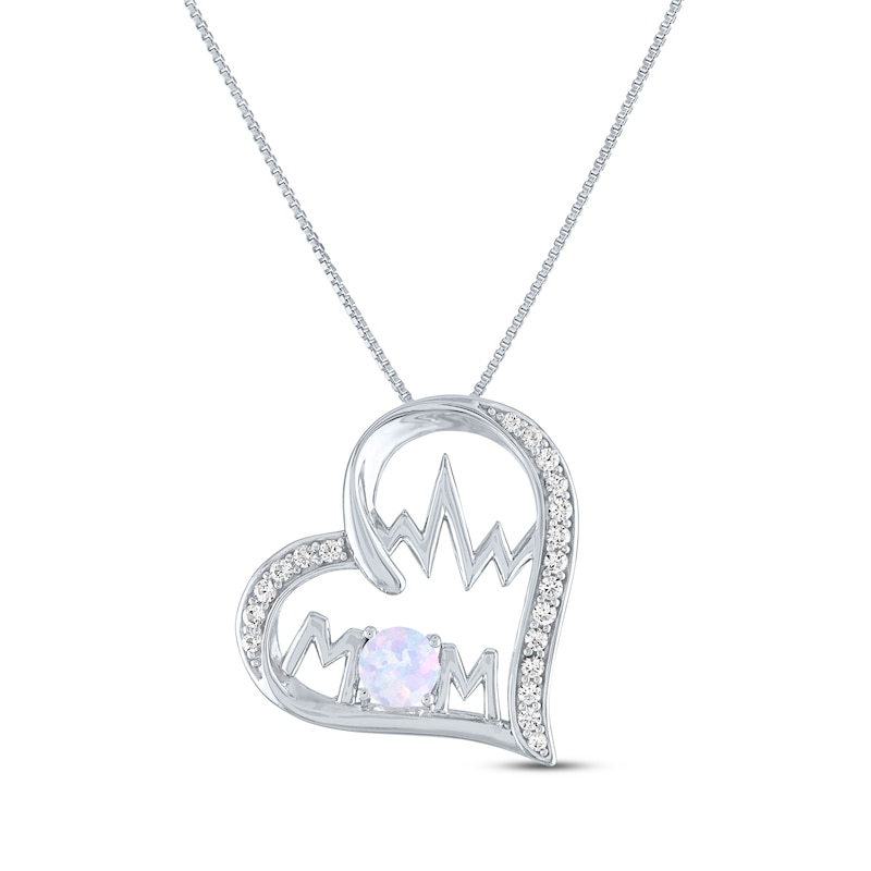 Lab-Created Opal & White Lab-Created Sapphire Heartbeat "Mom" Heart Necklace Sterling Silver 18"