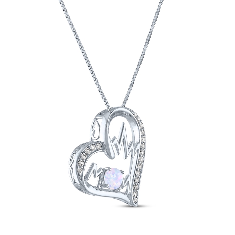 Lab-Created Opal & White Lab-Created Sapphire Heartbeat "Mom" Heart Necklace Sterling Silver 18"