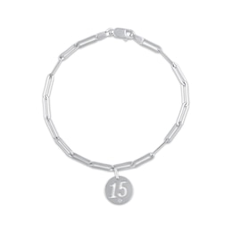 Diamond Accent Quinceañera Dangle Paperclip Bracelet 10K White Gold 7.5"
