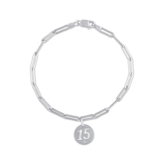 Diamond Accent Quinceañera Dangle Paperclip Bracelet 10K White Gold 7.5"