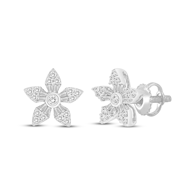 Main Image 1 of Baguette & Round-Cut Diamond Flower Stud Earrings 1/4 ct tw 10K White Gold