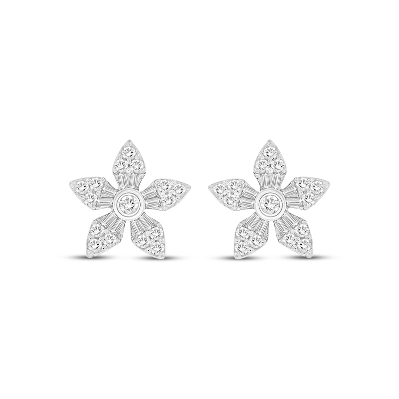 Main Image 2 of Baguette & Round-Cut Diamond Flower Stud Earrings 1/4 ct tw 10K White Gold