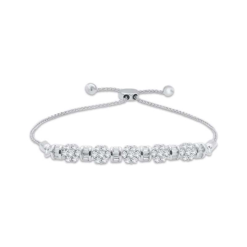 Baguette & Round-Cut Diamond Flower Bolo Bracelet 1/2 ct tw Sterling Silver