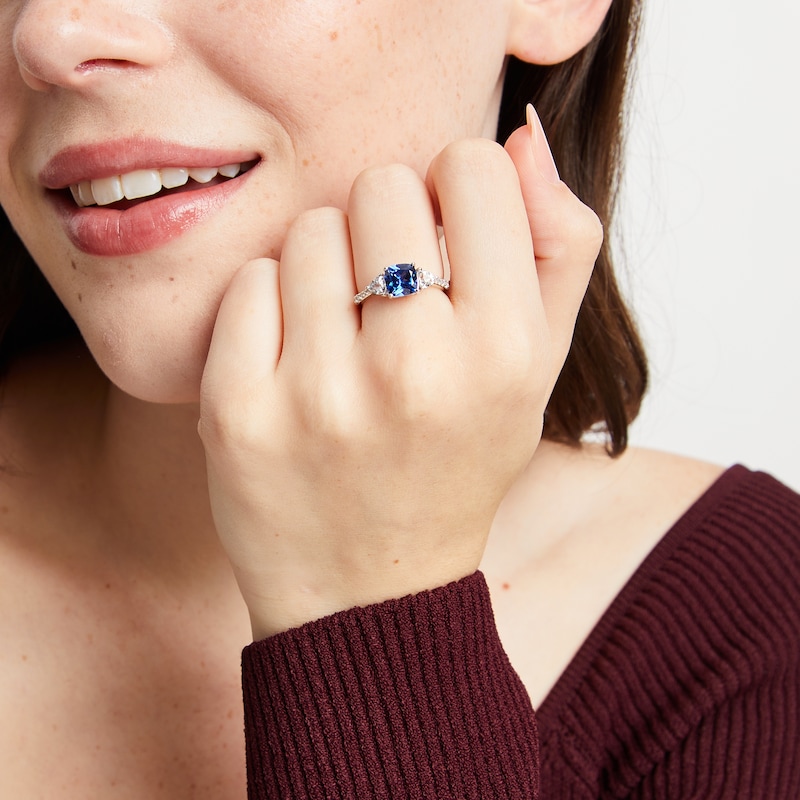 Main Image 3 of Cushion-Cut Blue Lab-Created Sapphire & White Lab-Created Sapphire Ring Sterling Silver