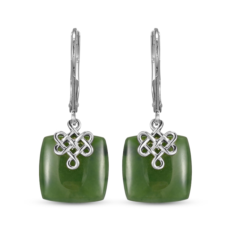 Main Image 2 of Cushion-Shaped Nephrite Jade Lucky Knot Drop Earrings Sterling Silver
