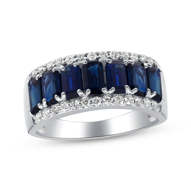 Main Image 1 of Emerald-Cut Natural Blue Sapphire & Diamond Ring 1/3 ct tw 14K White Gold