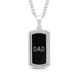 Men's Diamond & Black Enamel Reversible "Dad" Dog Tag Necklace 1/20 ct tw Stainless Steel 24"