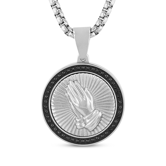 Men's Black Diamond Praying Hands Medallion Necklace 1/4 ct tw Stainless Steel & Black Ion Plating 24"