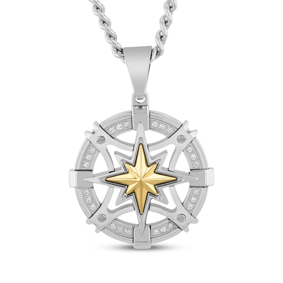 Men's Diamond Compass Necklace 1/8 ct tw Stainless Steel & Yellow Ion Plating 24"