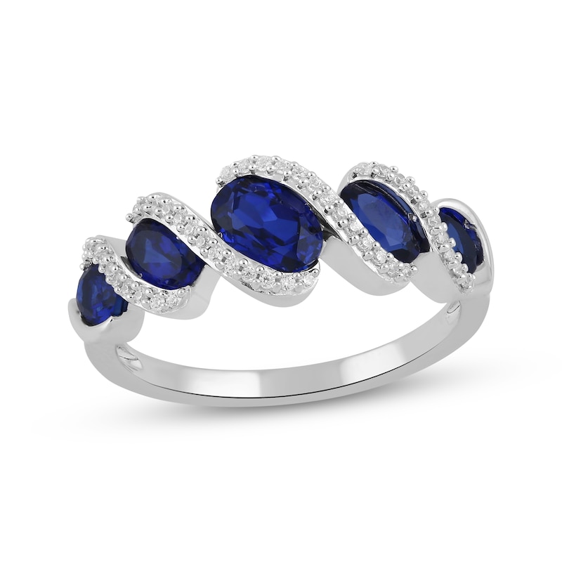 Main Image 1 of Oval-Cut Blue Lab-Created Sapphire & Diamond Ring 1/8 ct tw Sterling Silver