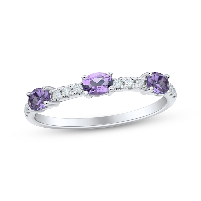 Main Image 1 of Sideways Oval-Cut Amethyst & Diamond Station Ring 1/10 ct tw Sterling Silver