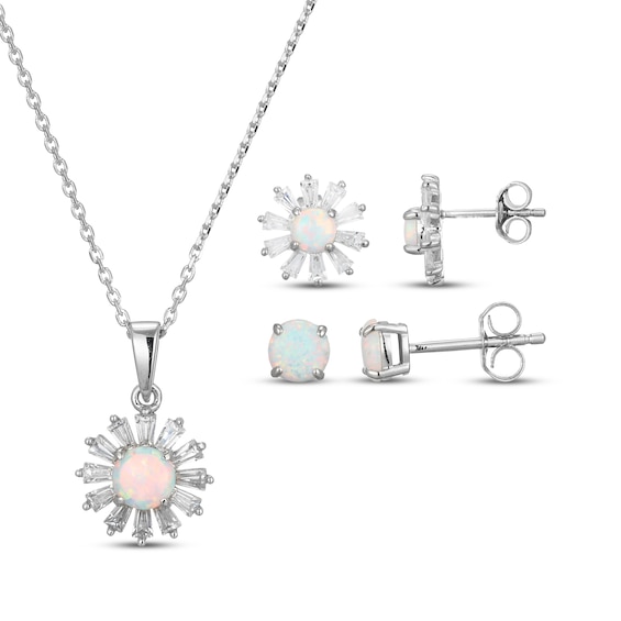 Lab-Created Opal & White Lab-Created Sapphire Necklace & Earrings Gift Set Sterling Silver