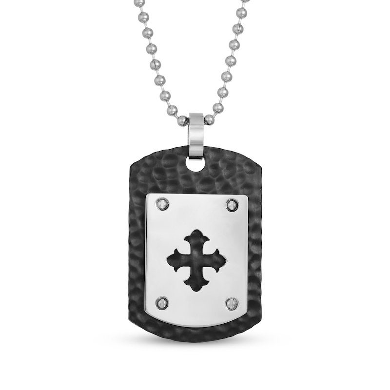Main Image 1 of Men's Cross Hammered Dog Tag Necklace Stainless Steel & Black Ion Plating 24&quot;