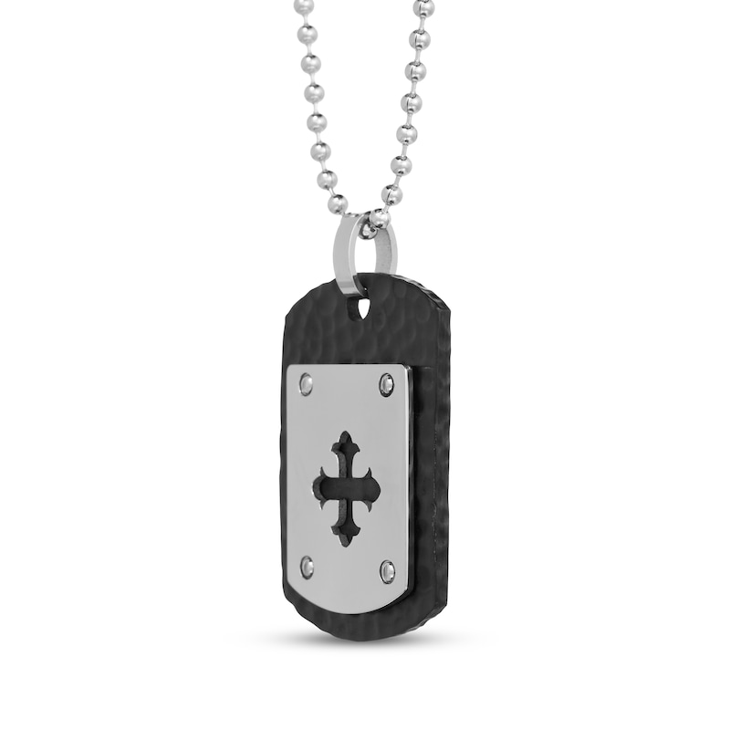 Main Image 2 of Men's Cross Hammered Dog Tag Necklace Stainless Steel & Black Ion Plating 24&quot;