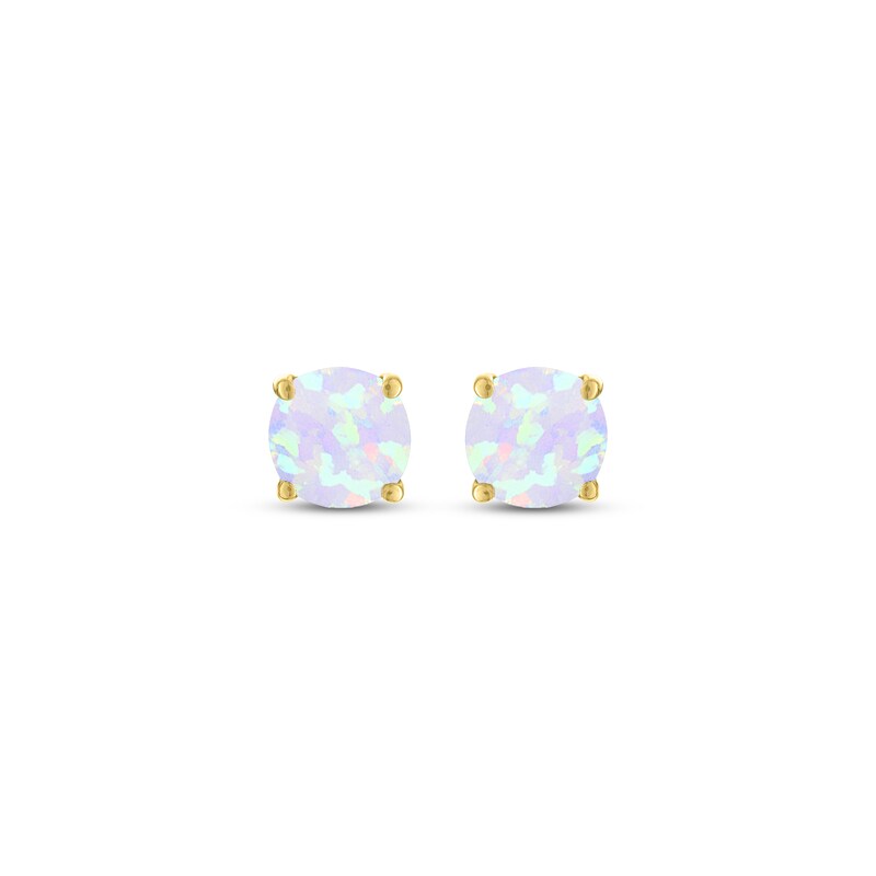 Main Image 2 of Lab-Created Opal Solitaire Stud Earrings 10K Yellow Gold