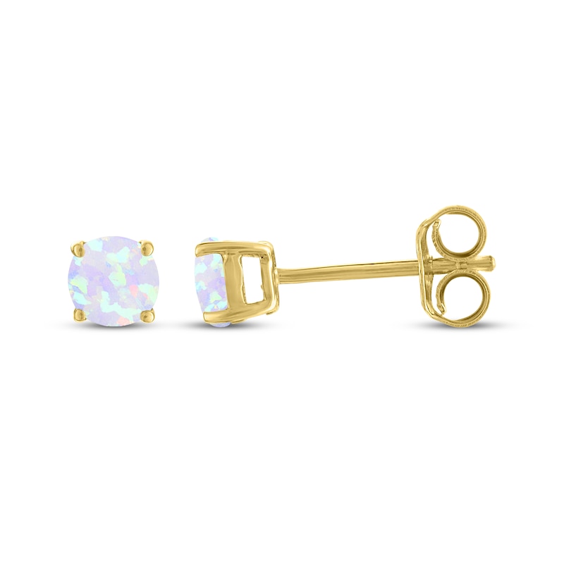 Main Image 3 of Lab-Created Opal Solitaire Stud Earrings 10K Yellow Gold