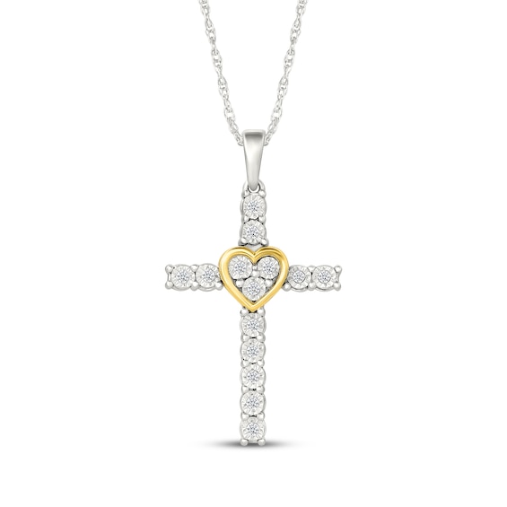Diamond Cross Necklace with Heart 1/10 ct tw Sterling Silver & 10K Yellow Gold 18"