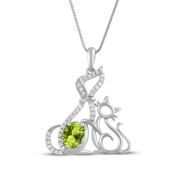 Oval-Cut Peridot & White Lab-Created Sapphire Cat & Dog Necklace Sterling Silver 18"