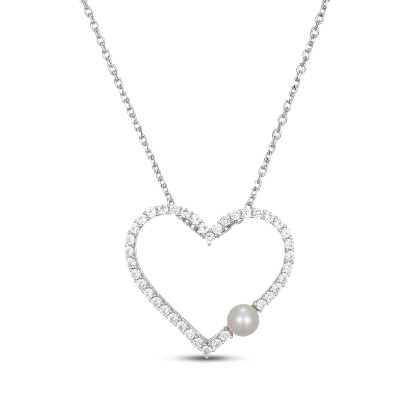 Main Image 1 of Cultured Pearl & White Lab-Created Sapphire Heart Necklace Sterling Silver 18"