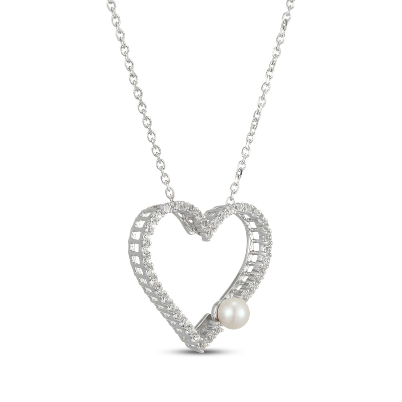 Main Image 2 of Cultured Pearl & White Lab-Created Sapphire Heart Necklace Sterling Silver 18"