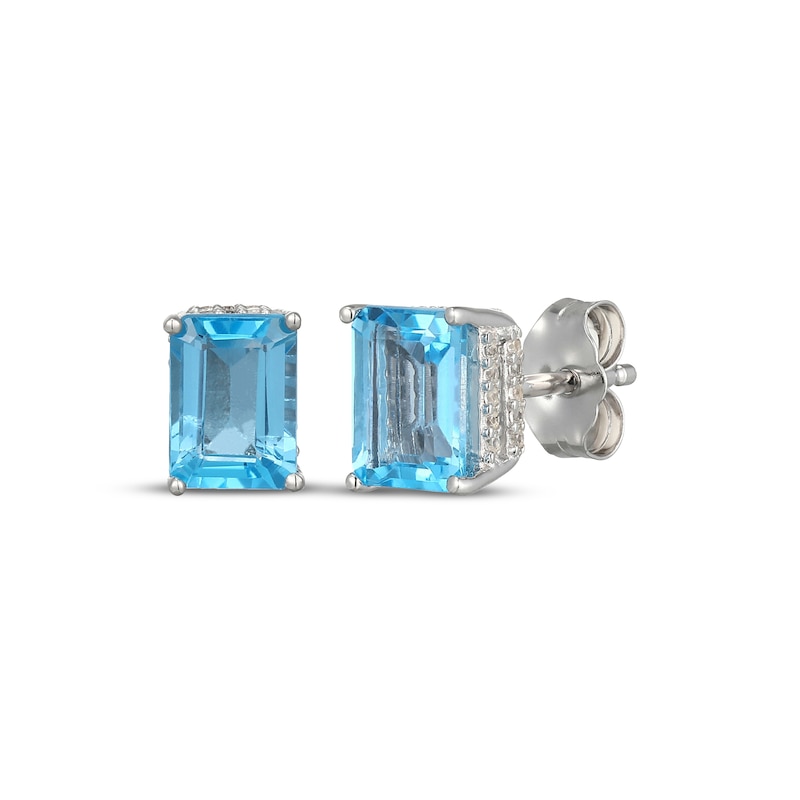 Main Image 1 of Emerald-Cut Swiss Blue Topaz & White Lab-Created Sapphire Hidden Halo Stud Earrings Sterling Silver