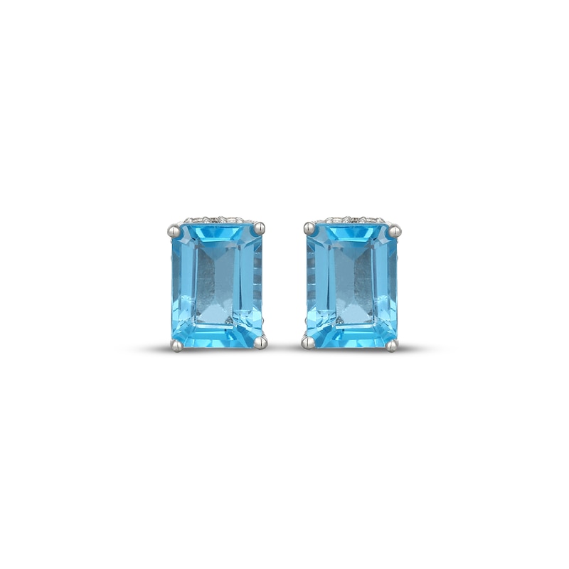 Main Image 2 of Emerald-Cut Swiss Blue Topaz & White Lab-Created Sapphire Hidden Halo Stud Earrings Sterling Silver