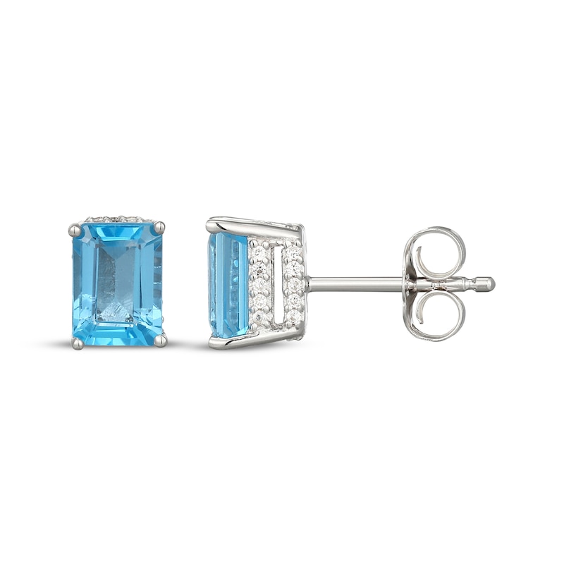 Main Image 3 of Emerald-Cut Swiss Blue Topaz & White Lab-Created Sapphire Hidden Halo Stud Earrings Sterling Silver