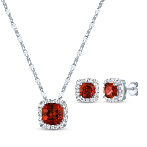Cushion-Cut Garnet & White Lab-Created Sapphire Gift Set Sterling Silver