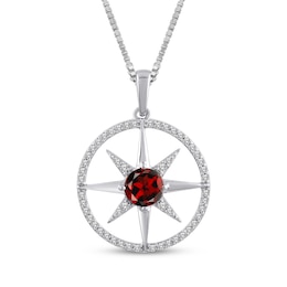 Garnet & White Lab-Created Sapphire Star Circle Necklace Sterling Silver 18"