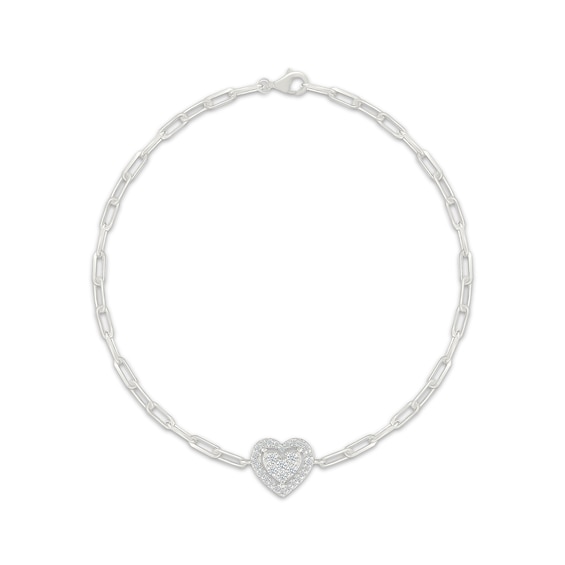 Diamond Heart Paperclip Chain Bracelet 1/6 ct tw Sterling Silver 7.25"
