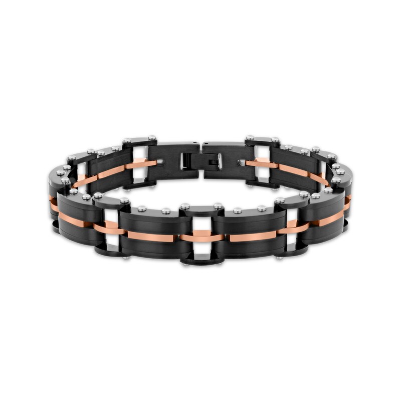 Main Image 1 of Men's Railroad Link Chain Bracelet Black & Rose Ion-Plated Stainless Steel 8.5"