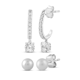 White Lab-Created Sapphire J-Hoop Dangle Earrings & Cultured Pearl Stud Earrings Gift Set Sterling Silver