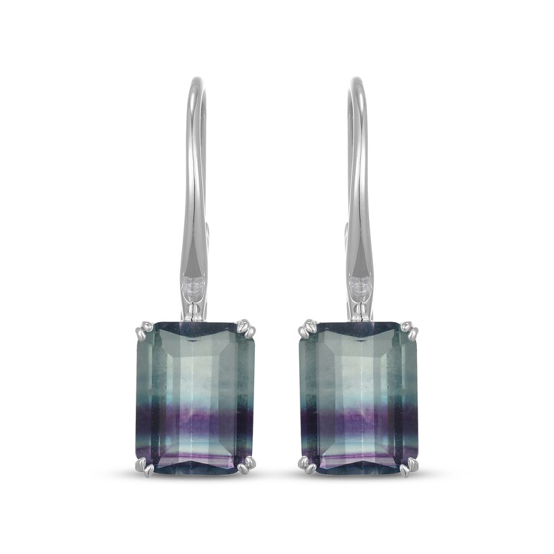 Main Image 2 of Emerald-Cut Fluorite Solitaire Drop Earrings Sterling Silver