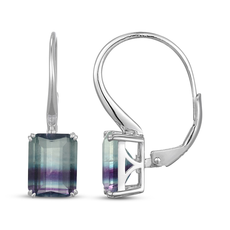 Main Image 3 of Emerald-Cut Fluorite Solitaire Drop Earrings Sterling Silver