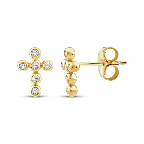 Diamond Bezel-Set Cross Stud Earrings 1/10 ct tw 10K Yellow Gold
