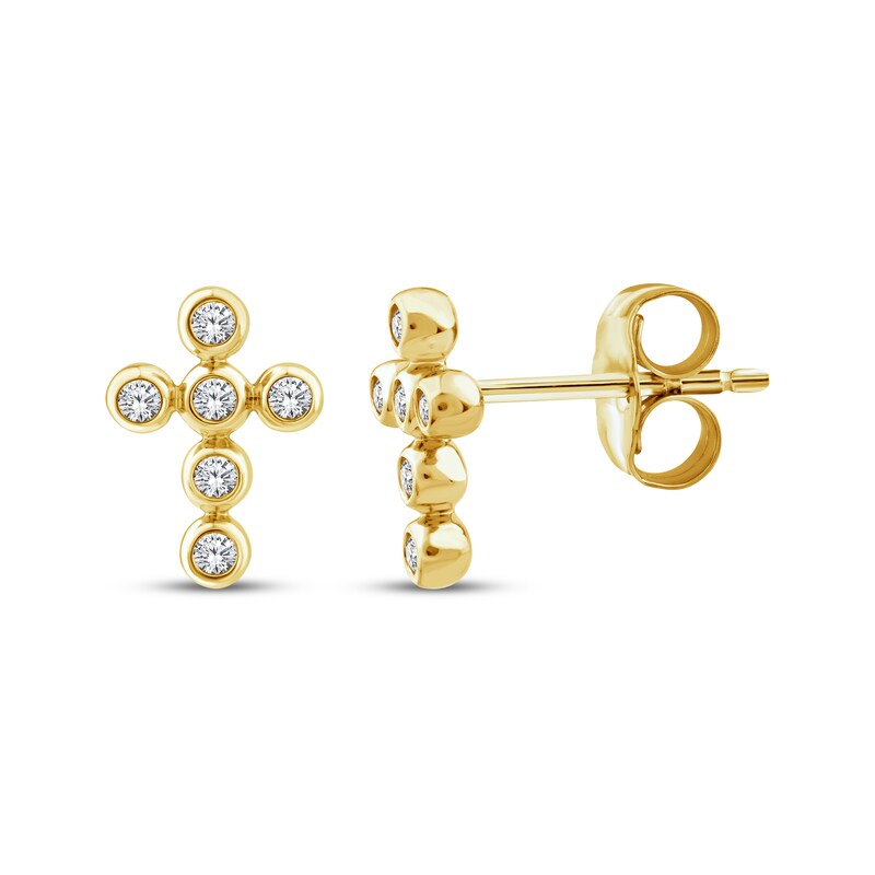 Main Image 1 of Diamond Bezel-Set Cross Stud Earrings 1/10 ct tw 10K Yellow Gold