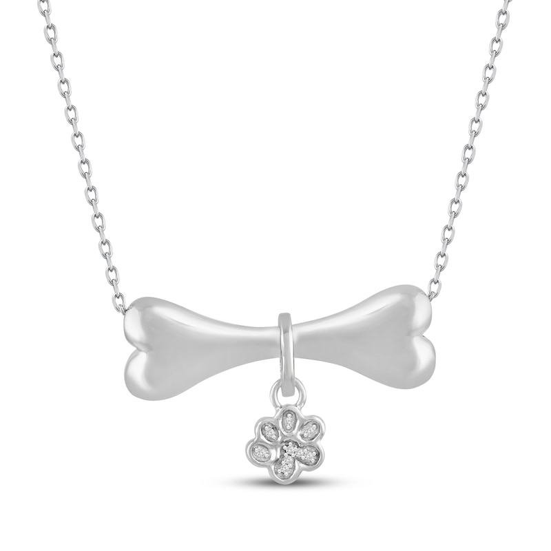 Main Image 1 of Diamond Accent Dog Bone & Paw Print Dangle Necklace Sterling Silver 18"